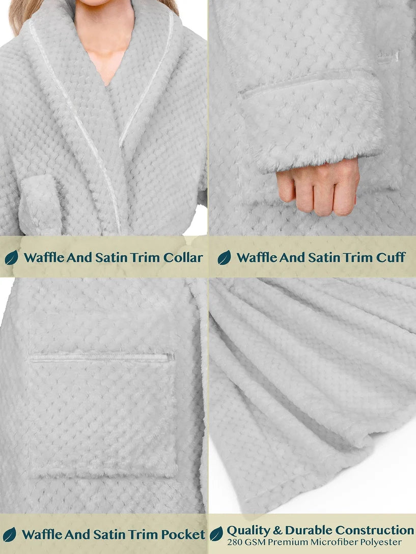 Pavilia Waffle Textured Satin Trim Fleece Women's Robe