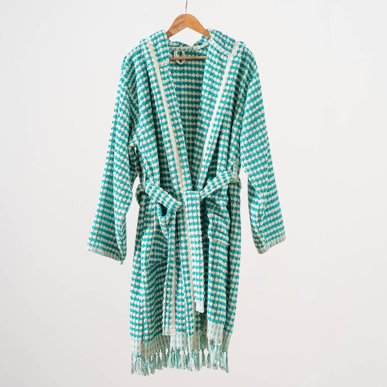 Kikoya Hand Loomed Women's Turkish Cotton Robe / Persian Green & White
