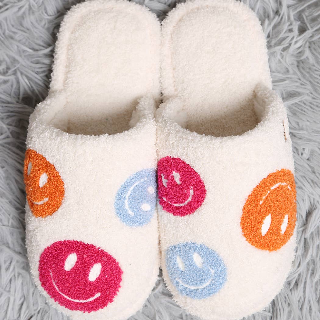 Fashion City Multi-Color Happy Face Soft Microfiber Mule Slippers