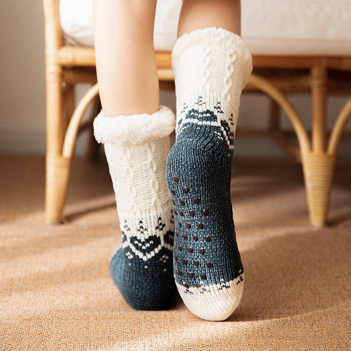 ACCITY Knit with Hearts Plush Sherpa Lined Slipper Socks