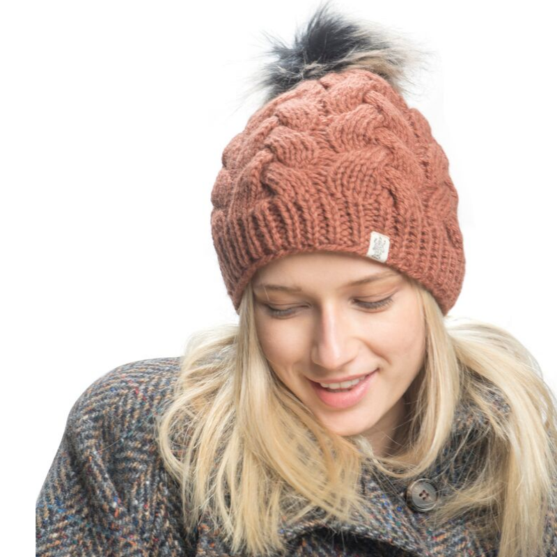 Nirvanna Designs Boheme Cable Hand-Knit Wool Beanie with Faux Fur Pom
