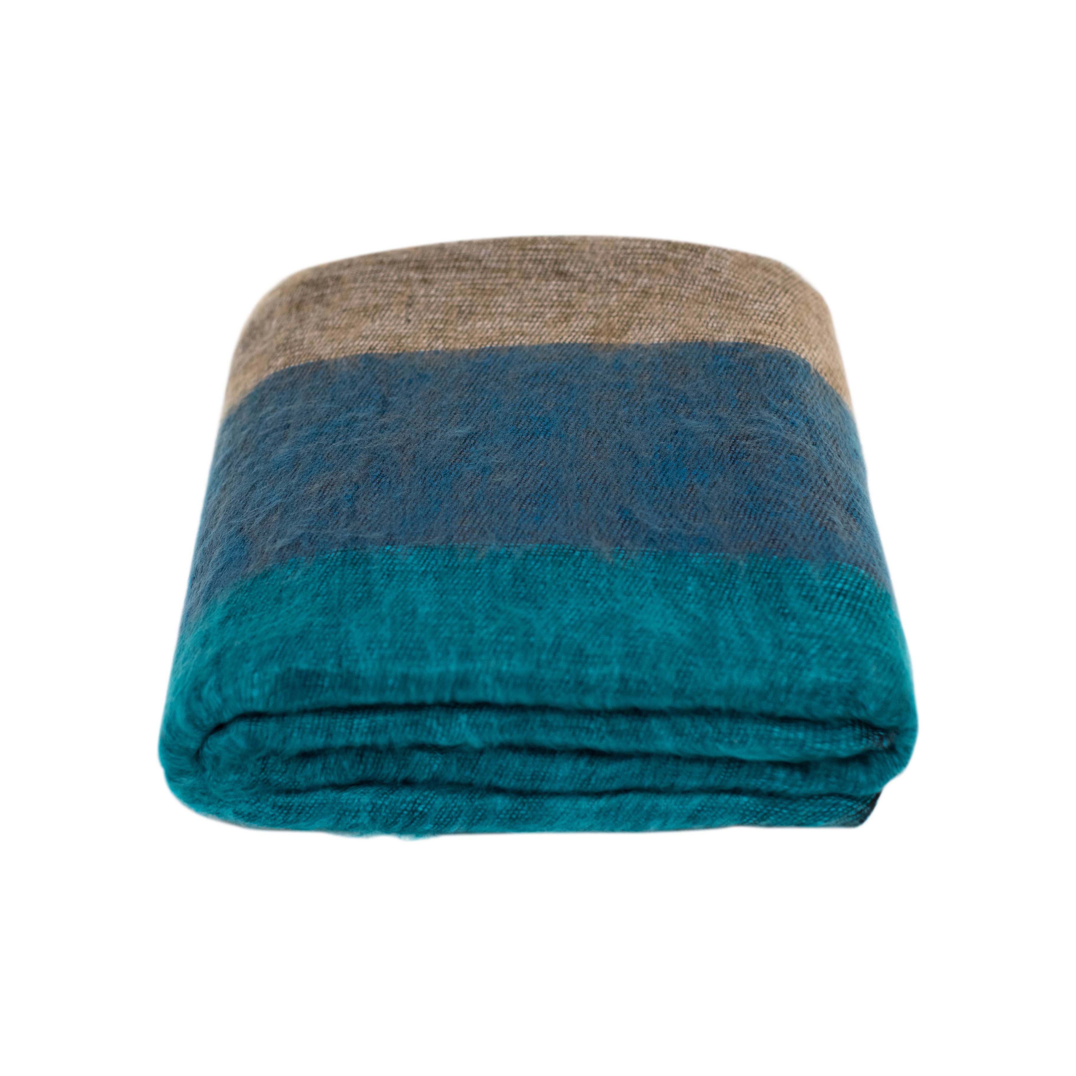 Art Himalayan Trading Handmade Super Soft Yak Wool Throw Blanket / Dark Blue, Aqua, Gray