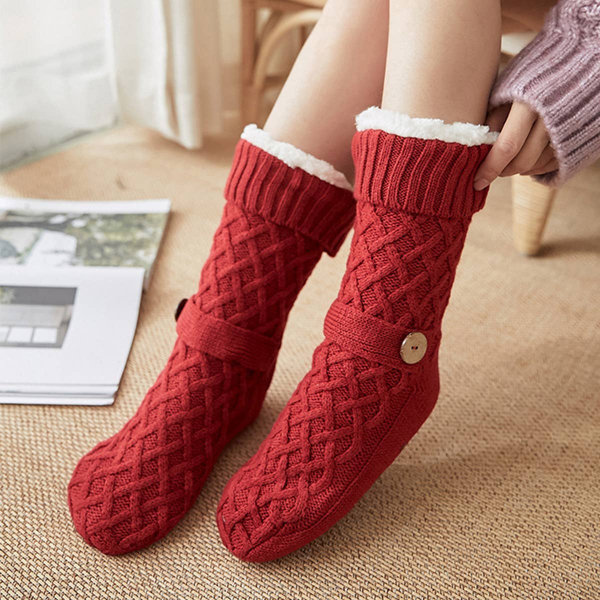 ACCITY Knit Solid Color with Button Plush Sherpa Lined Slipper Socks