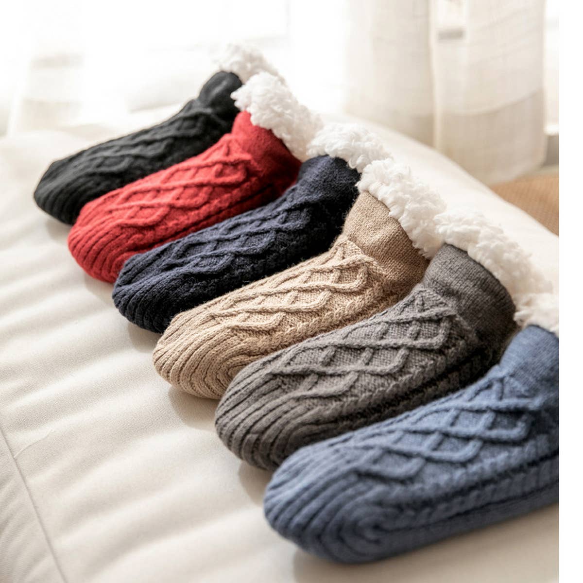 ACCITY Knit Solid Color Plush Sherpa Lined Ankle Slipper Socks