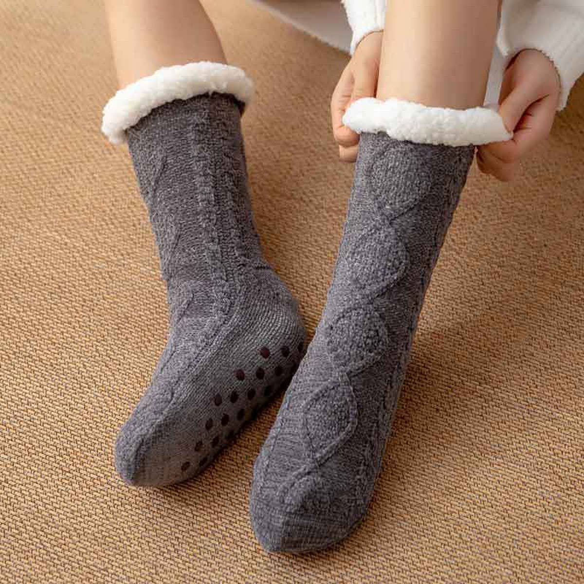 ACCITY Knit Solid Color Plush Sherpa Lined Slipper Socks