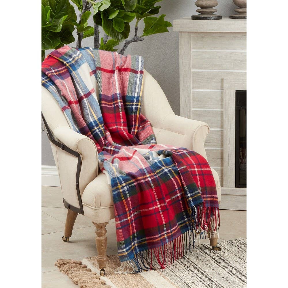 Fennco Styles Classic Plaid with Tassel Trim Throw Blanket / Red & Blue Mix