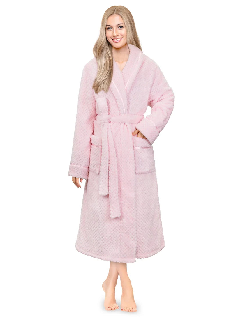 Pavilia Waffle Textured Satin Trim Fleece Women's Robe