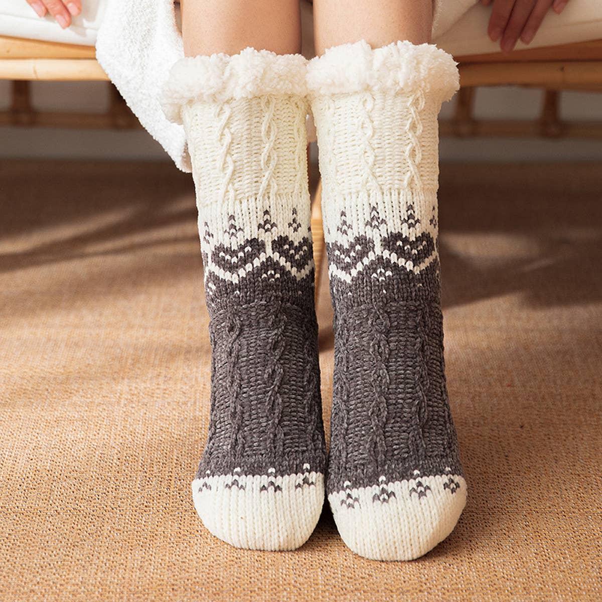 ACCITY Knit with Hearts Plush Sherpa Lined Slipper Socks