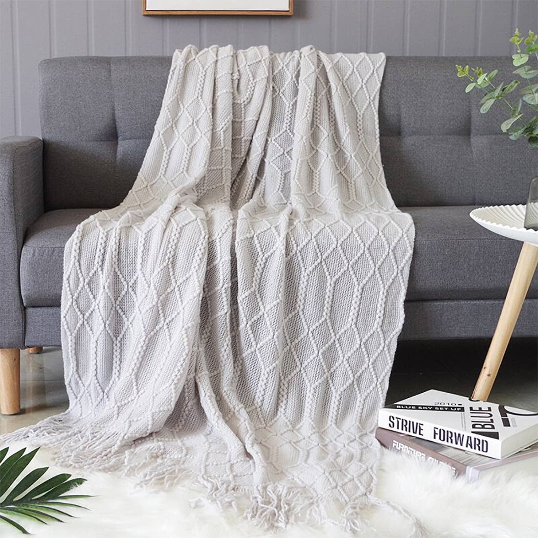 Fennco Styles Rhombus Diamond Knit with Tassel Trim Throw Blanket