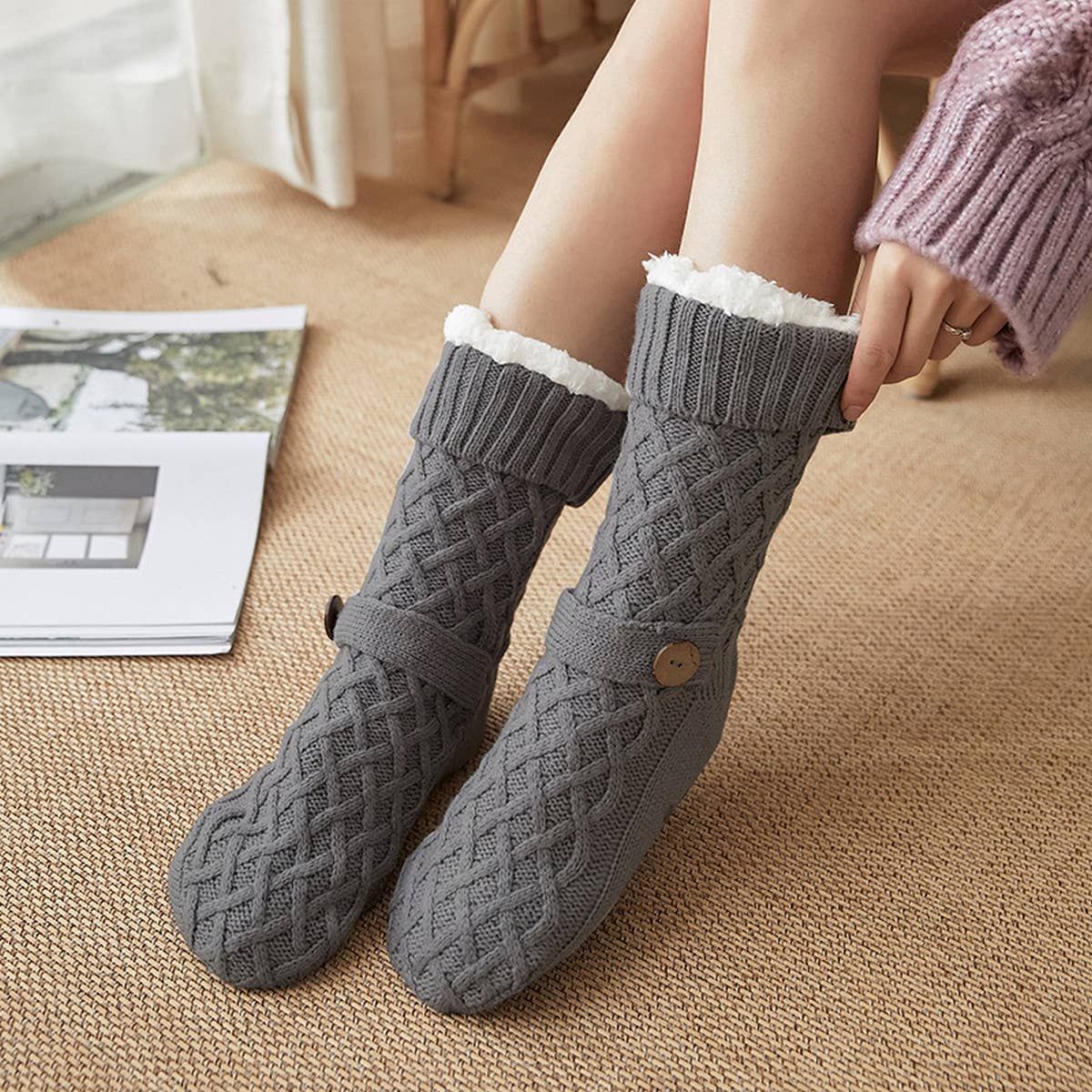 ACCITY Knit Solid Color with Button Plush Sherpa Lined Slipper Socks