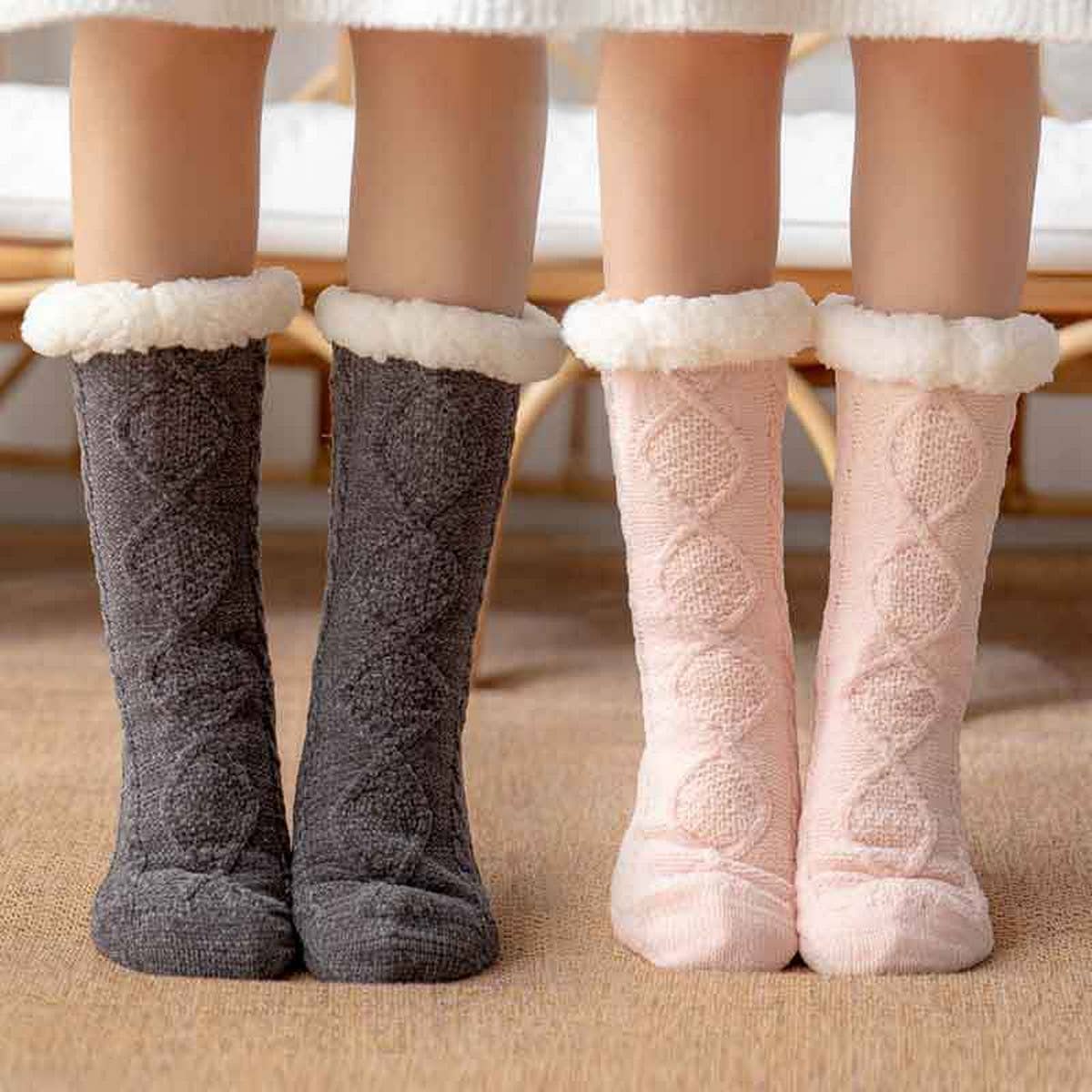 ACCITY Knit Solid Color Plush Sherpa Lined Slipper Socks