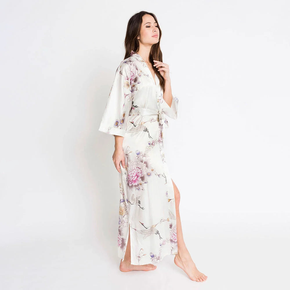KIM+ONO Chrysanthemum & Crane Women's Long Kimono Robe