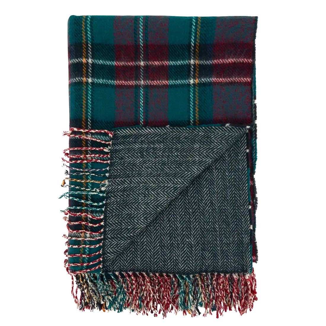 Fennco Styles Reversible Plaid & Herringbone with Tassel Trim Throw Blanket / Green & Red Mix