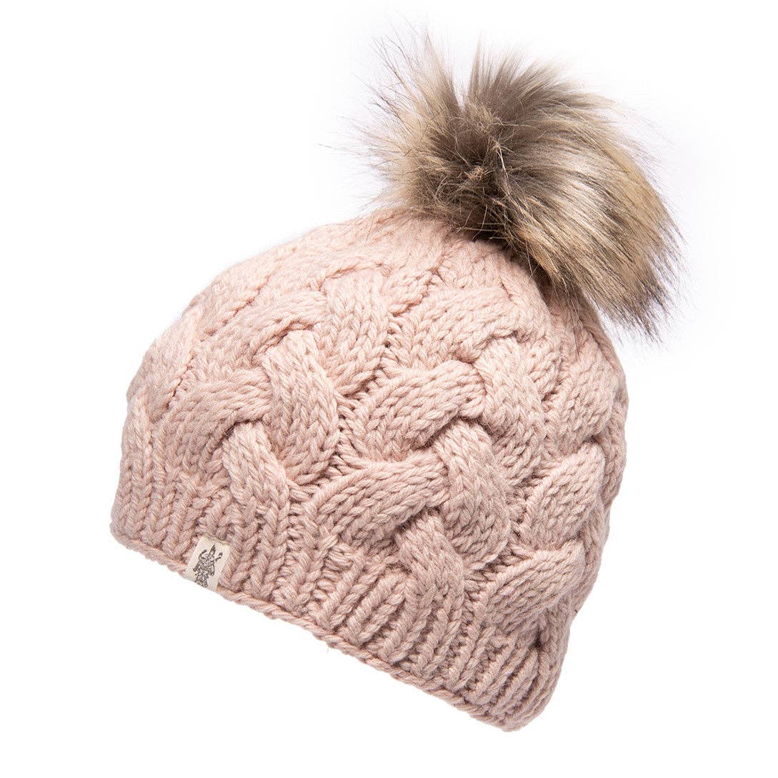 Nirvanna Designs Boheme Cable Hand-Knit Wool Beanie with Faux Fur Pom
