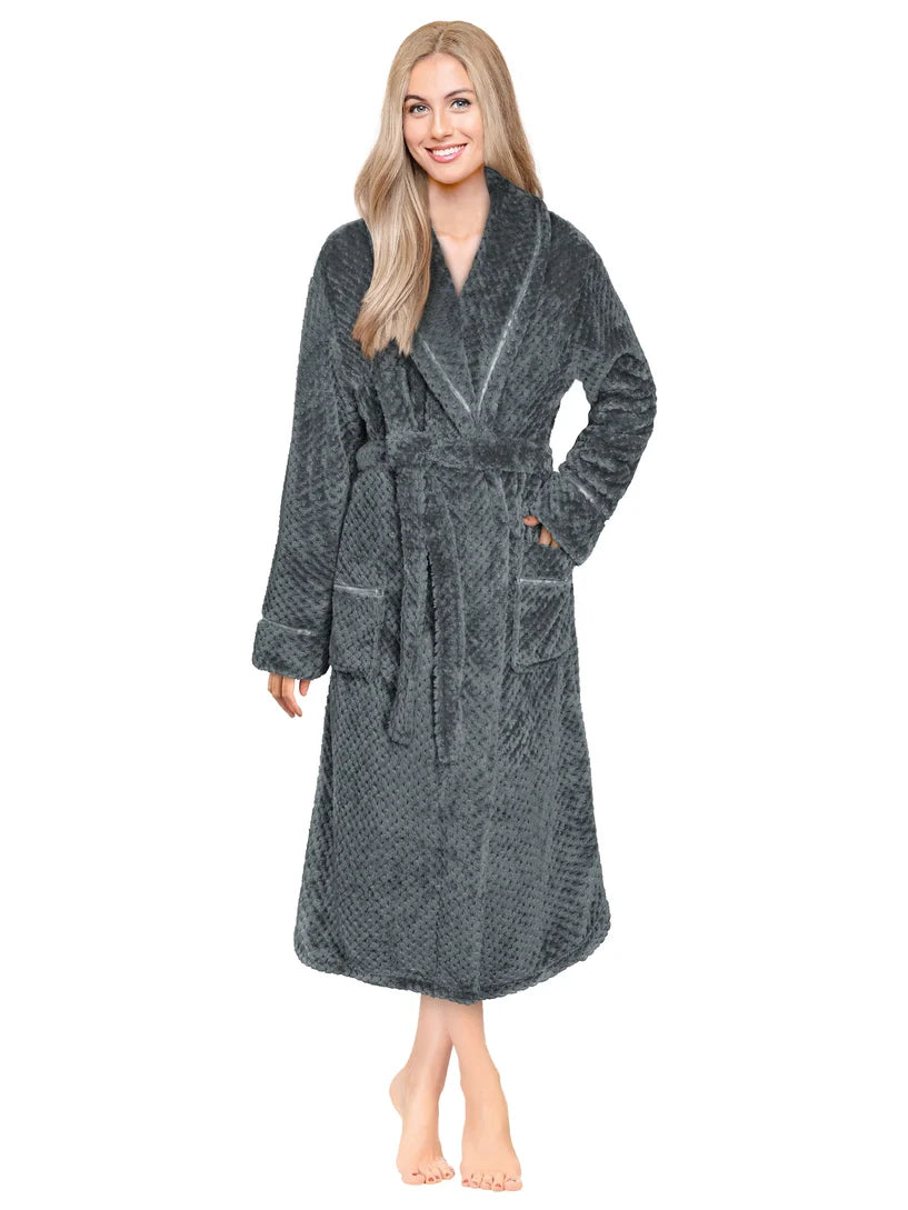 Pavilia Waffle Textured Satin Trim Fleece Women's Robe