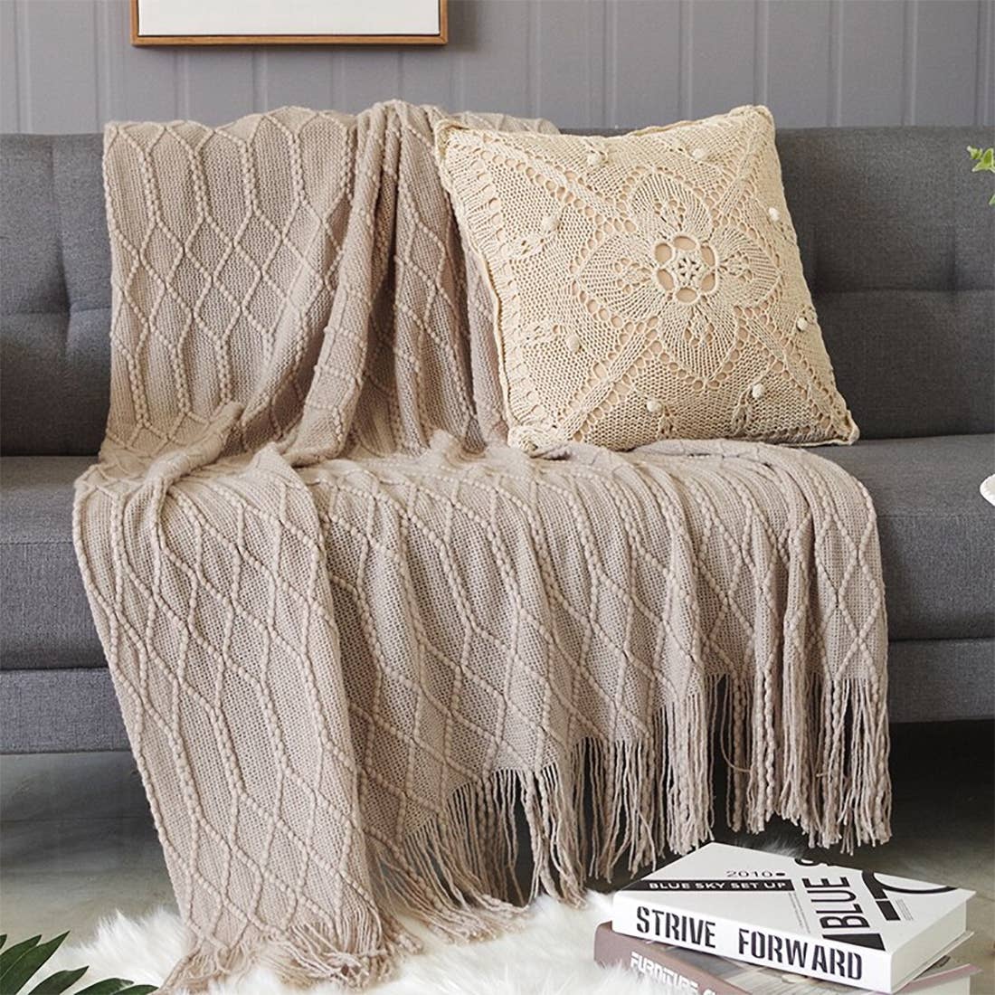Fennco Styles Rhombus Diamond Knit with Tassel Trim Throw Blanket