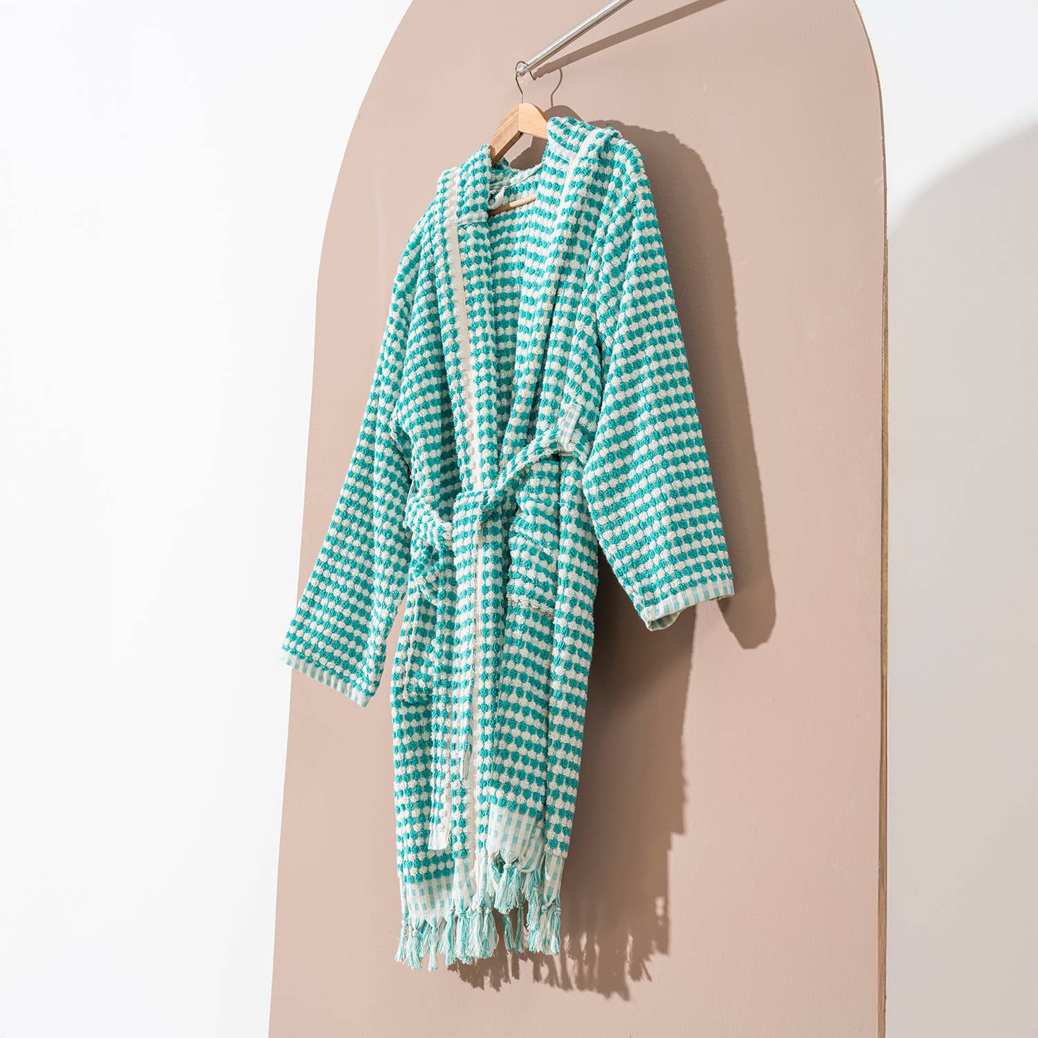 Kikoya Hand Loomed Women's Turkish Cotton Robe / Persian Green & White