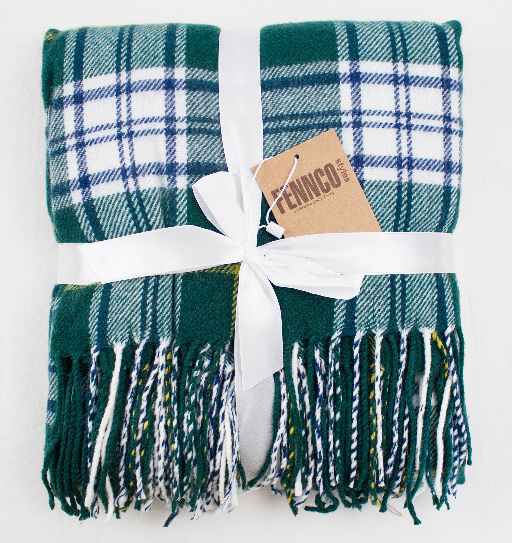 Fennco Styles Classic Plaid with Tassel Trim Throw Blanket / Green & White Mix