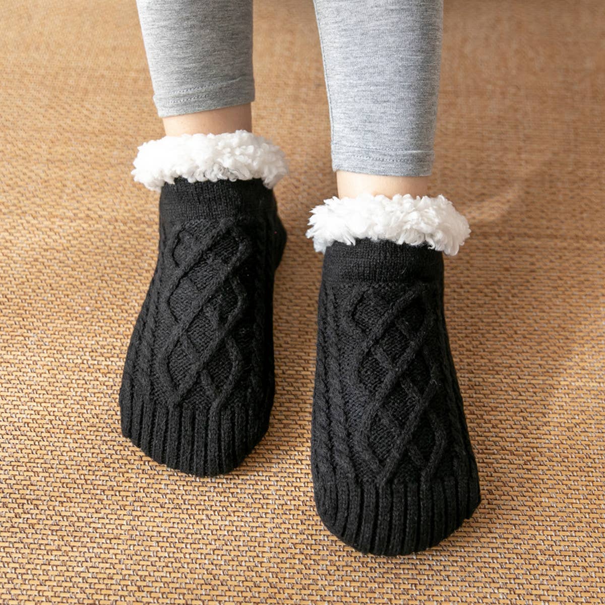 ACCITY Knit Solid Color Plush Sherpa Lined Ankle Slipper Socks
