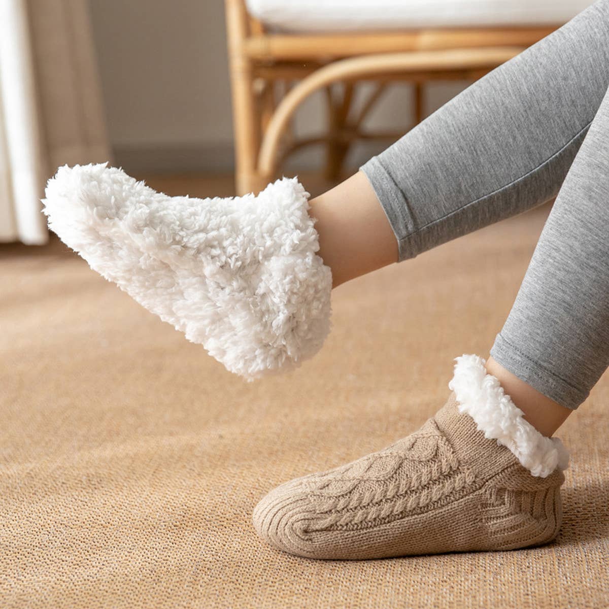 ACCITY Knit Solid Color Plush Sherpa Lined Ankle Slipper Socks