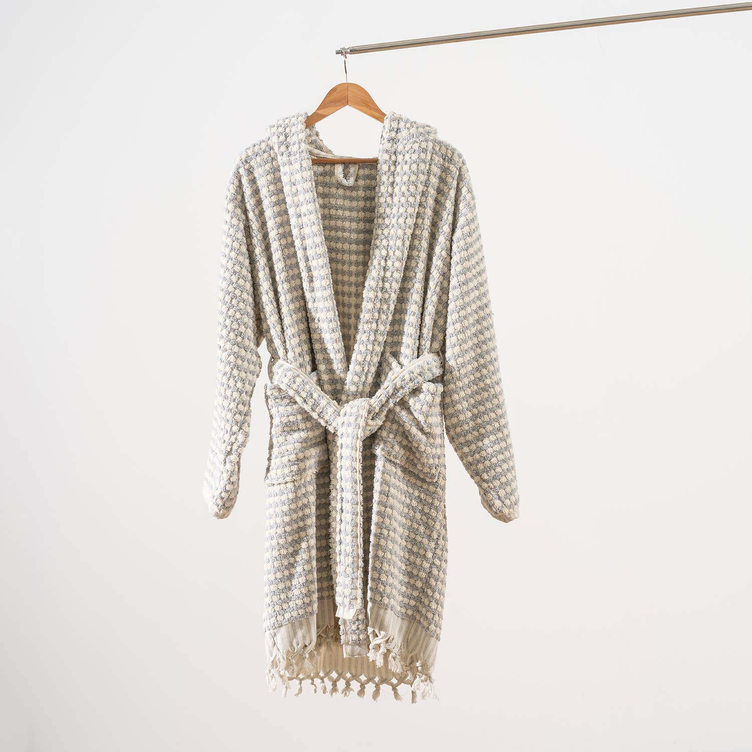 Kikoya Hand Loomed Women's Turkish Cotton Robe / Light Gray & Cream
