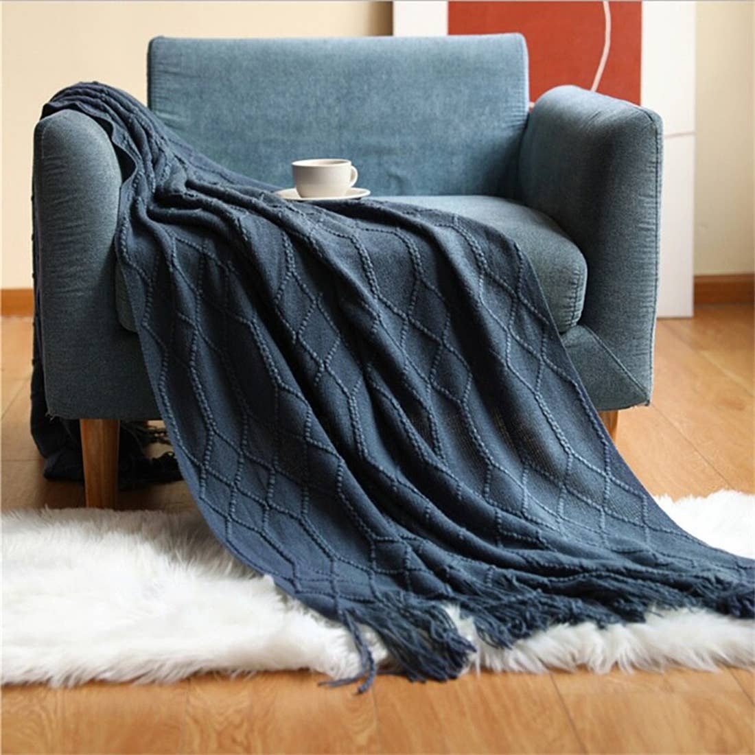 Fennco Styles Rhombus Diamond Knit with Tassel Trim Throw Blanket