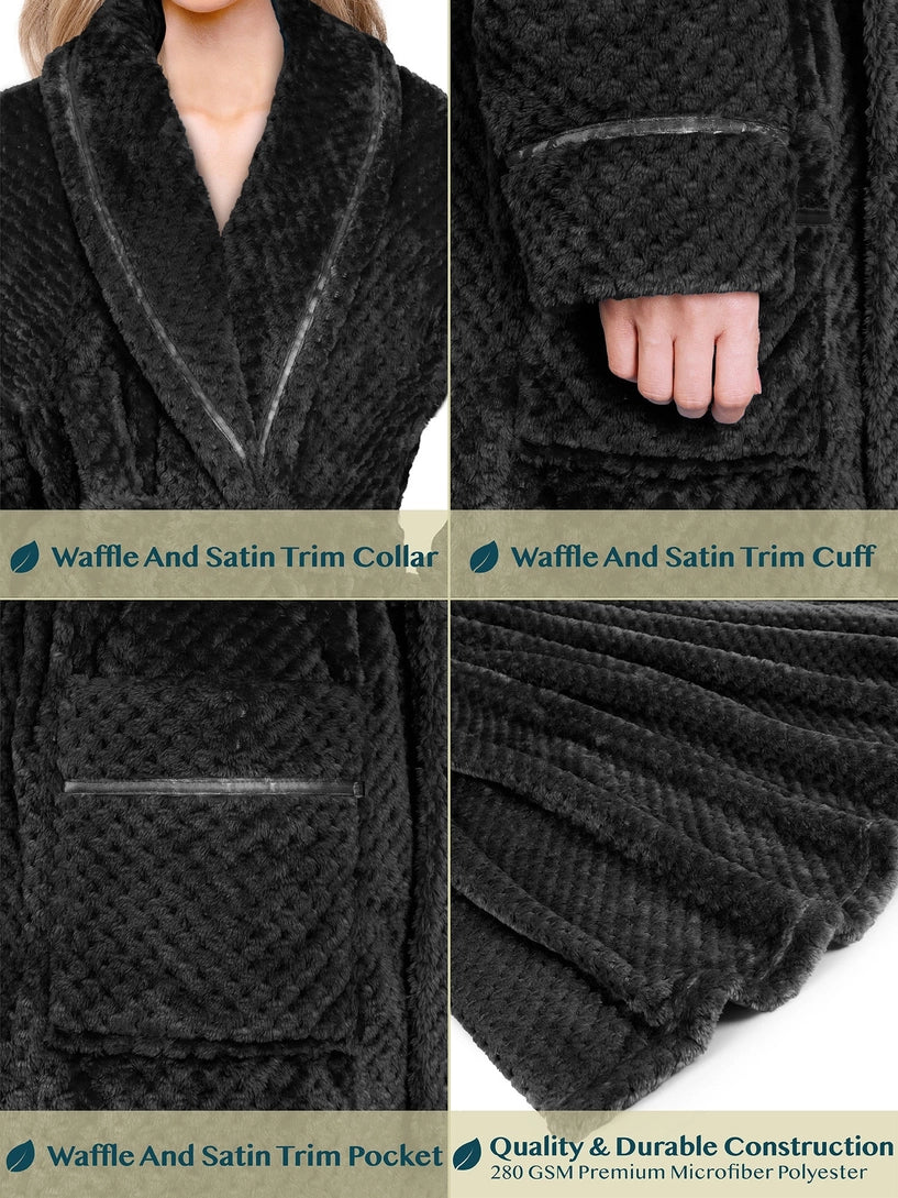Pavilia Waffle Textured Satin Trim Fleece Women's Robe