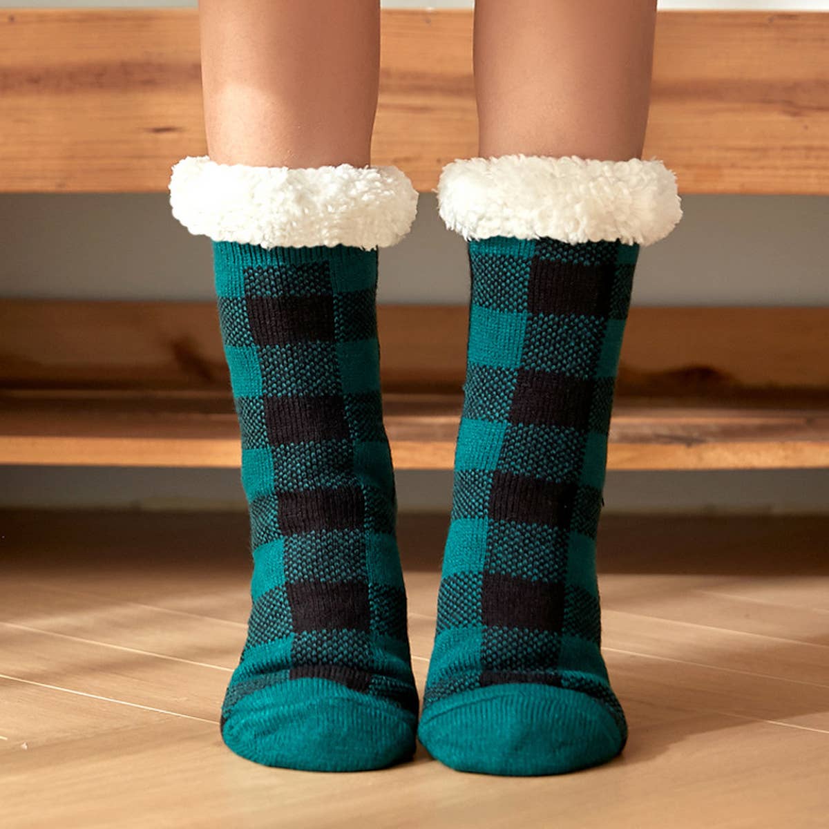 ACCITY Holidays Plaid Plush Sherpa Lined Slipper Socks