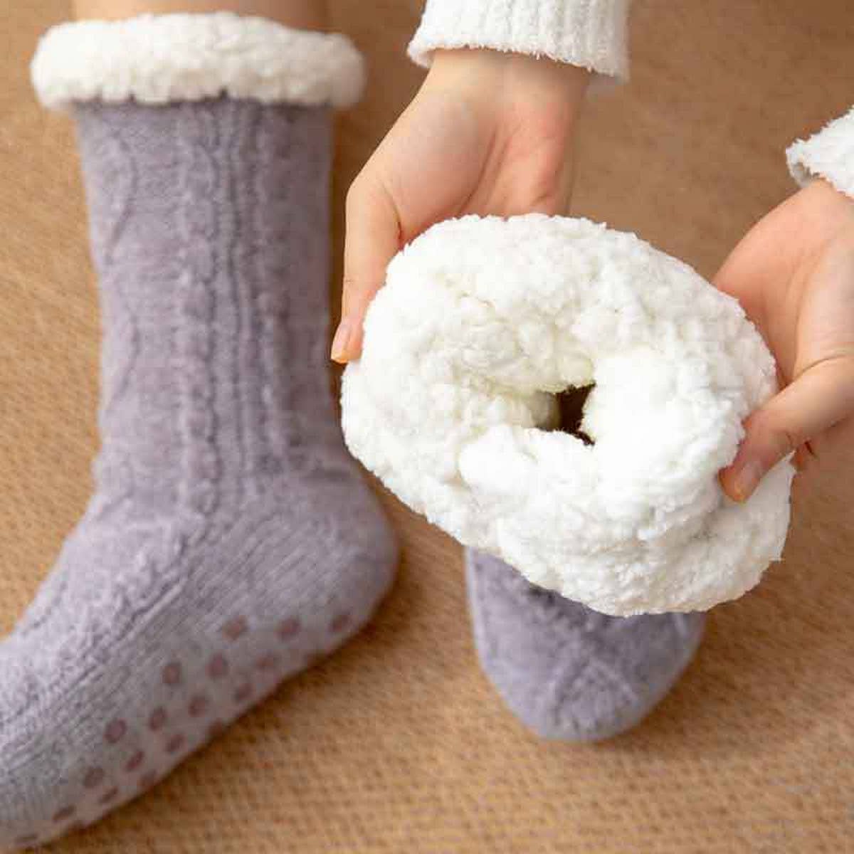 ACCITY Knit Solid Color Plush Sherpa Lined Slipper Socks