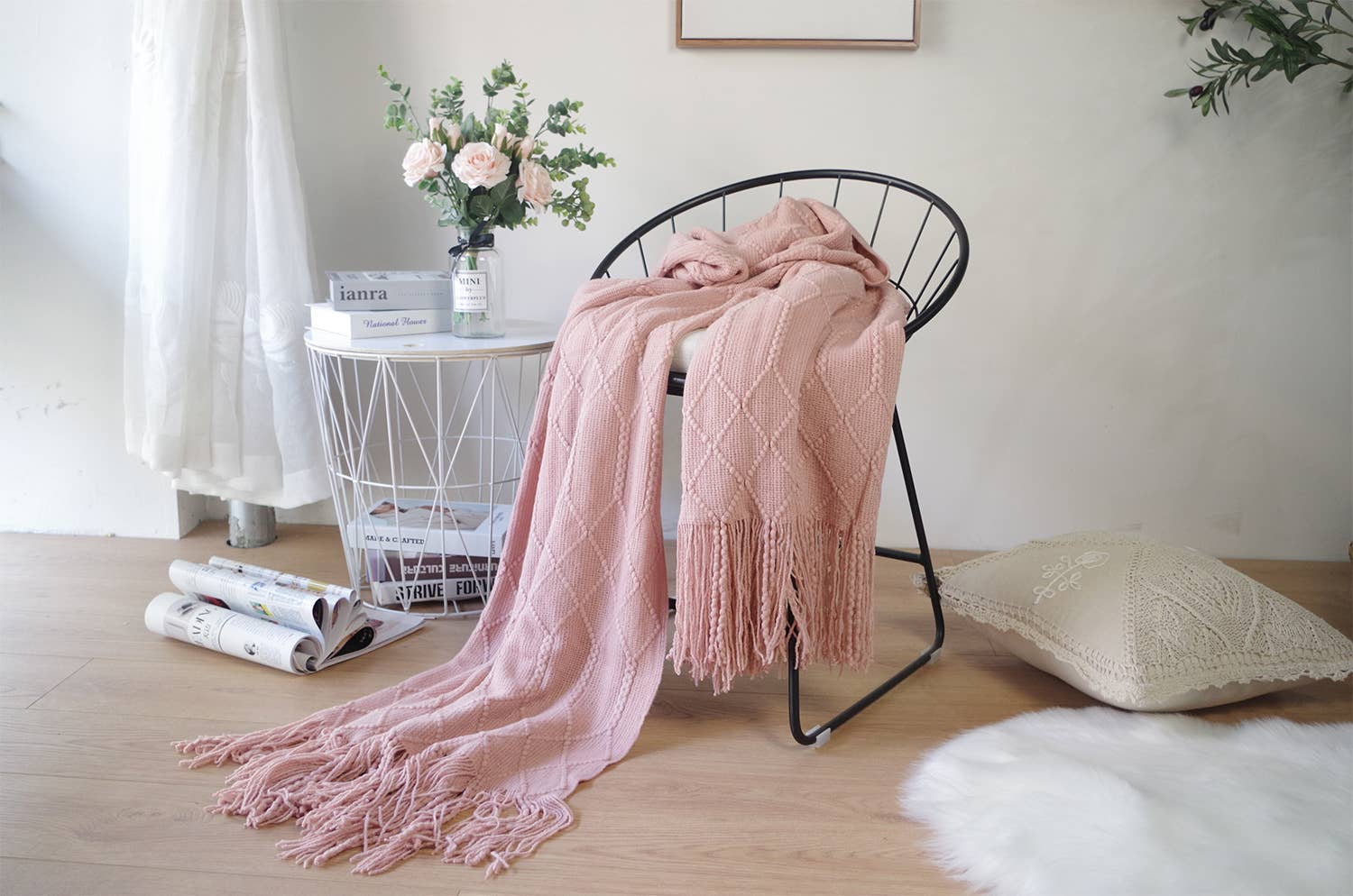 Fennco Styles Rhombus Diamond Knit with Tassel Trim Throw Blanket