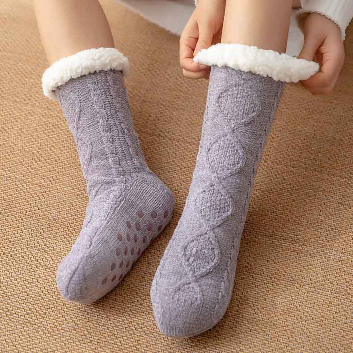 ACCITY Knit Solid Color Plush Sherpa Lined Slipper Socks