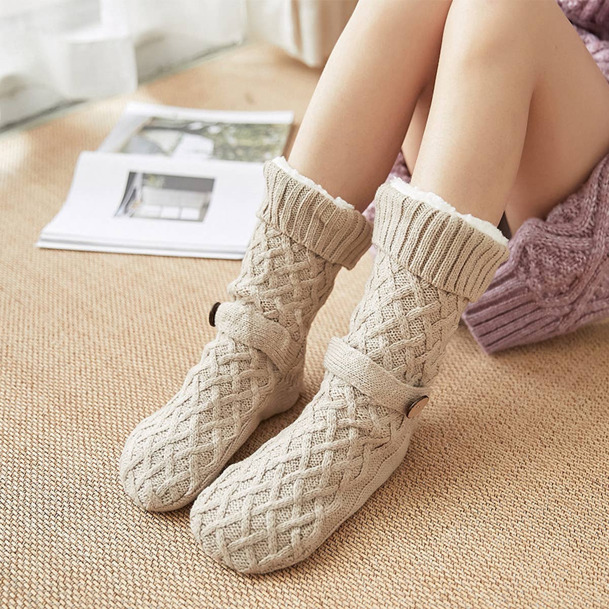 ACCITY Knit Solid Color with Button Plush Sherpa Lined Slipper Socks