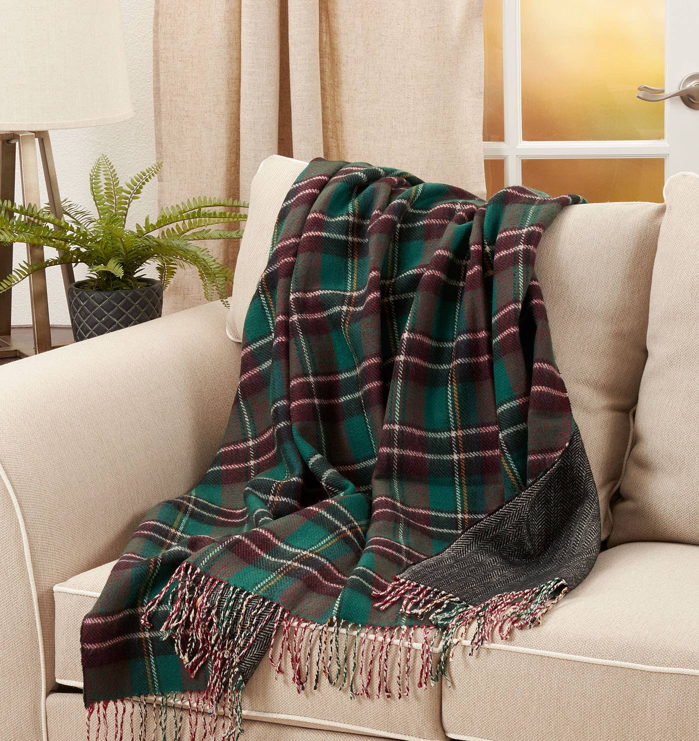 Fennco Styles Reversible Plaid & Herringbone with Tassel Trim Throw Blanket / Green & Red Mix