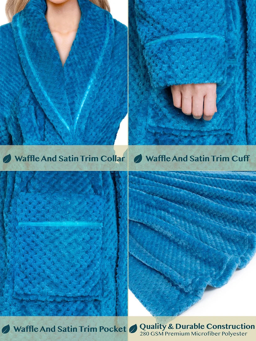 Pavilia Waffle Textured Satin Trim Fleece Women's Robe