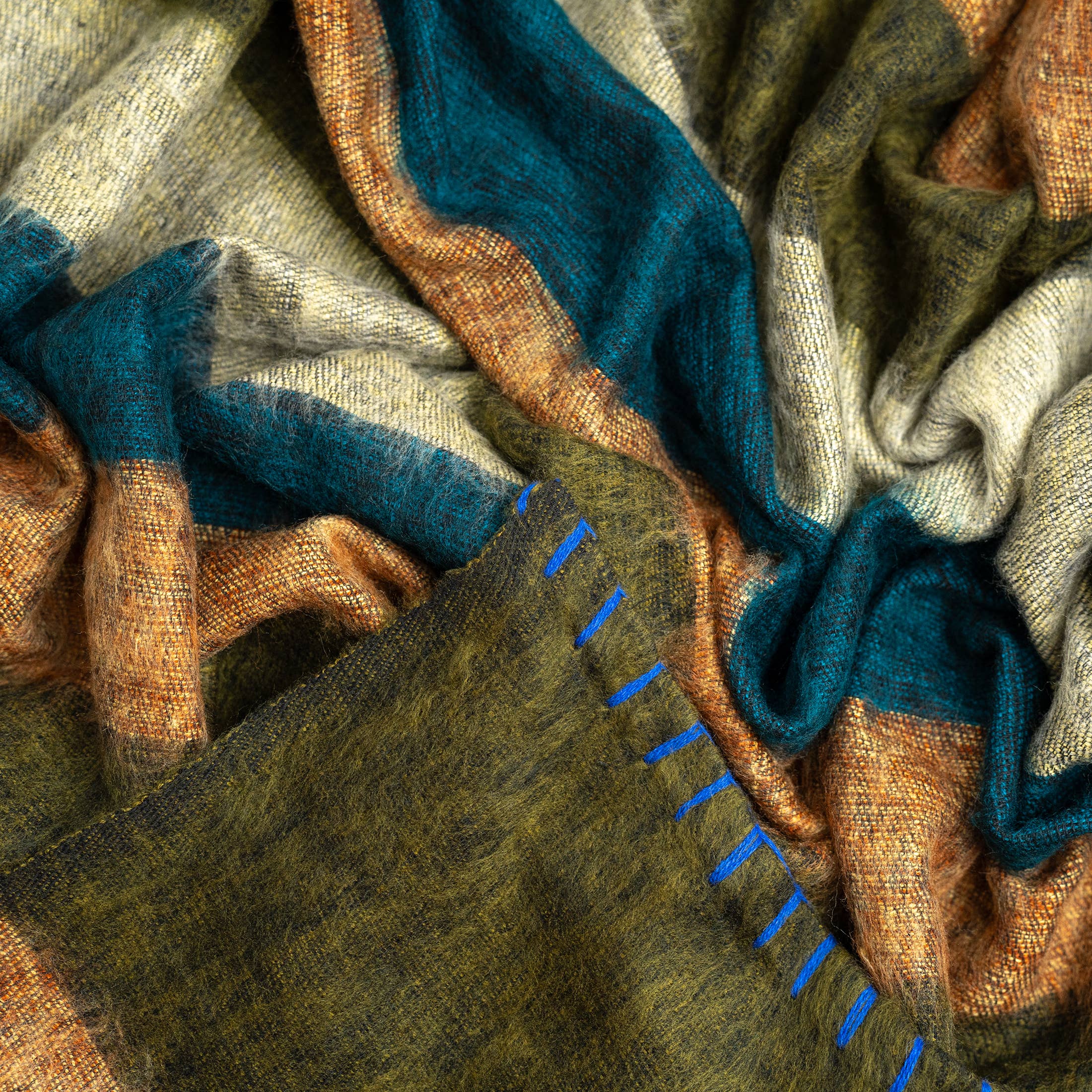 Art Himalayan Trading Handmade Super Soft Yak Wool Throw Blanket / Dark Green, Blue, Camel