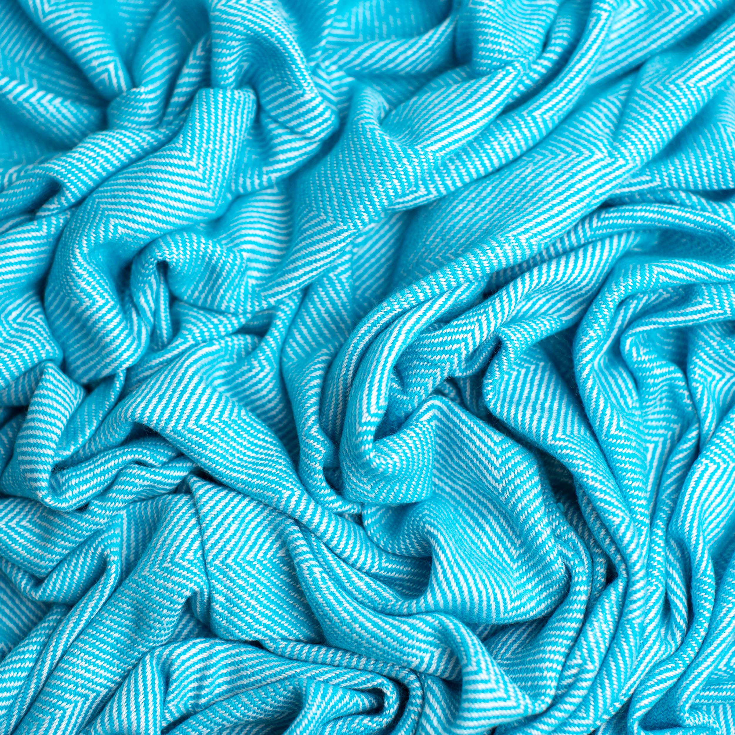 Art Himalayan Trading Reversible Cashmere Wool Throw Blanket / Herringbone Pattern / Sky Blue & White