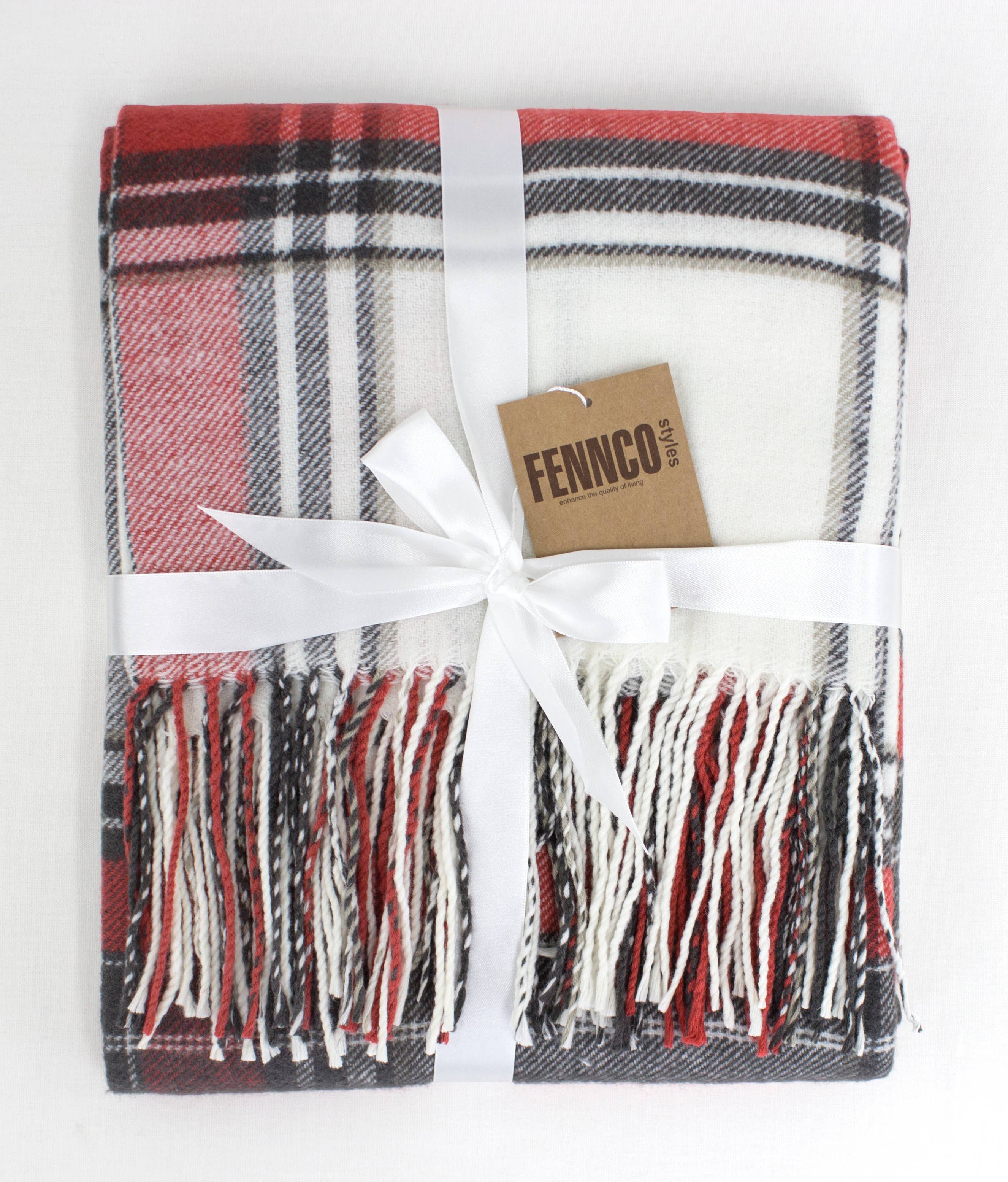 Fennco Styles Classic Plaid with Tassel Trim Throw Blanket / Red & White Mix