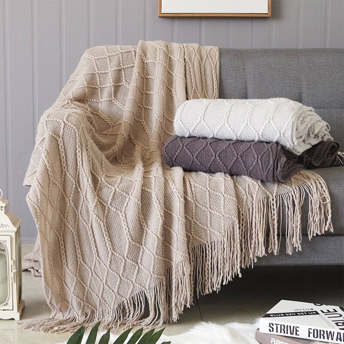 Fennco Styles Rhombus Diamond Knit with Tassel Trim Throw Blanket