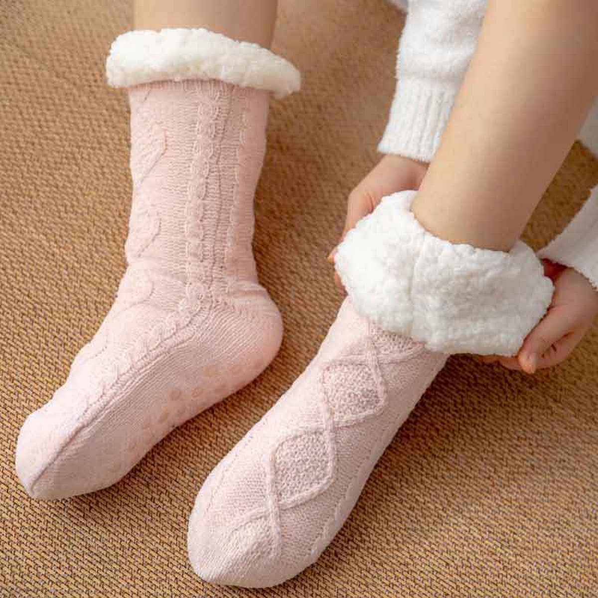 ACCITY Knit Solid Color Plush Sherpa Lined Slipper Socks