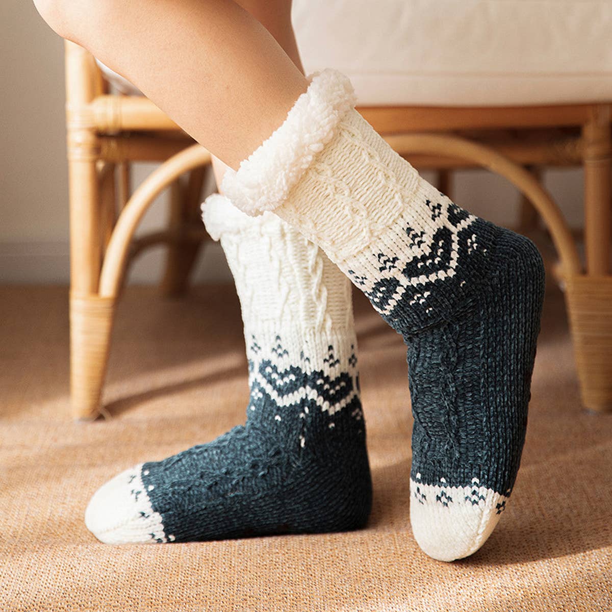 ACCITY Knit with Hearts Plush Sherpa Lined Slipper Socks