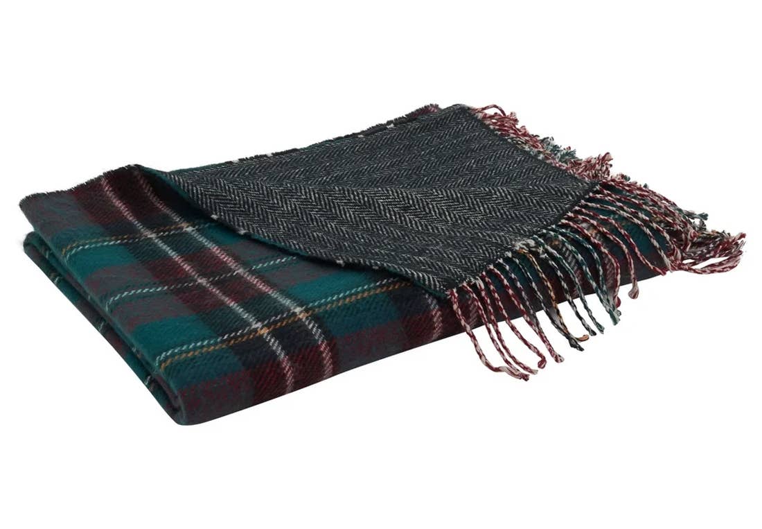 Fennco Styles Reversible Plaid & Herringbone with Tassel Trim Throw Blanket / Green & Red Mix