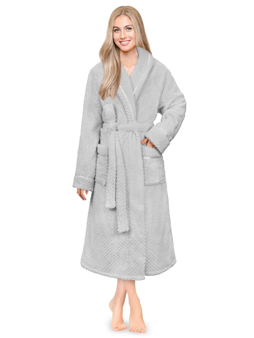 Pavilia Waffle Textured Satin Trim Fleece Women's Robe
