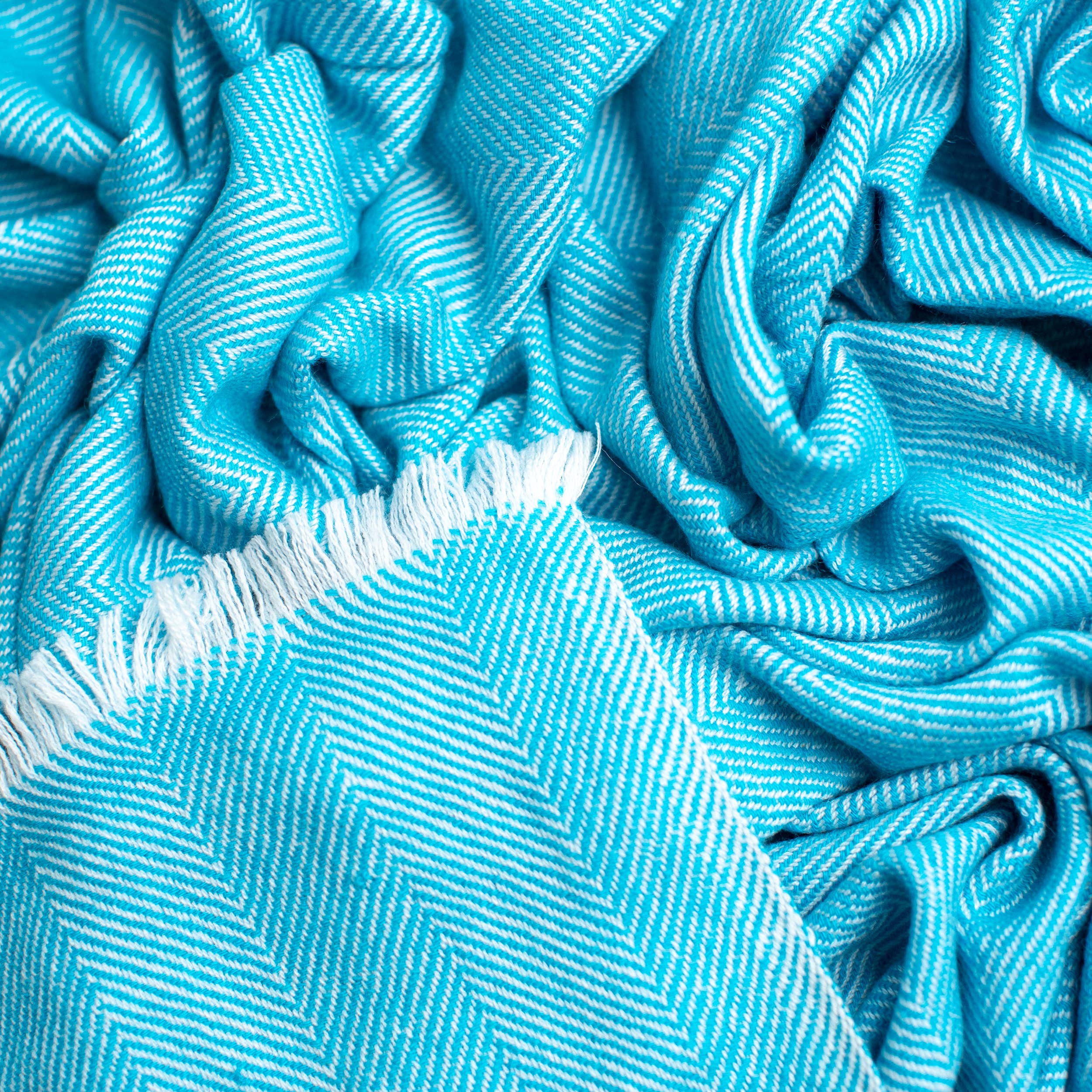 Art Himalayan Trading Reversible Cashmere Wool Throw Blanket / Herringbone Pattern / Sky Blue & White