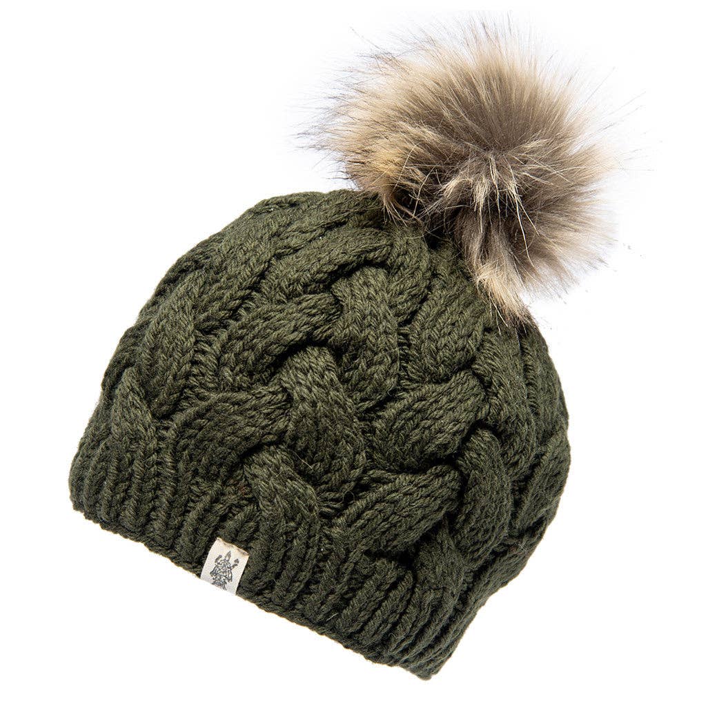Nirvanna Designs Boheme Cable Hand-Knit Wool Beanie with Faux Fur Pom