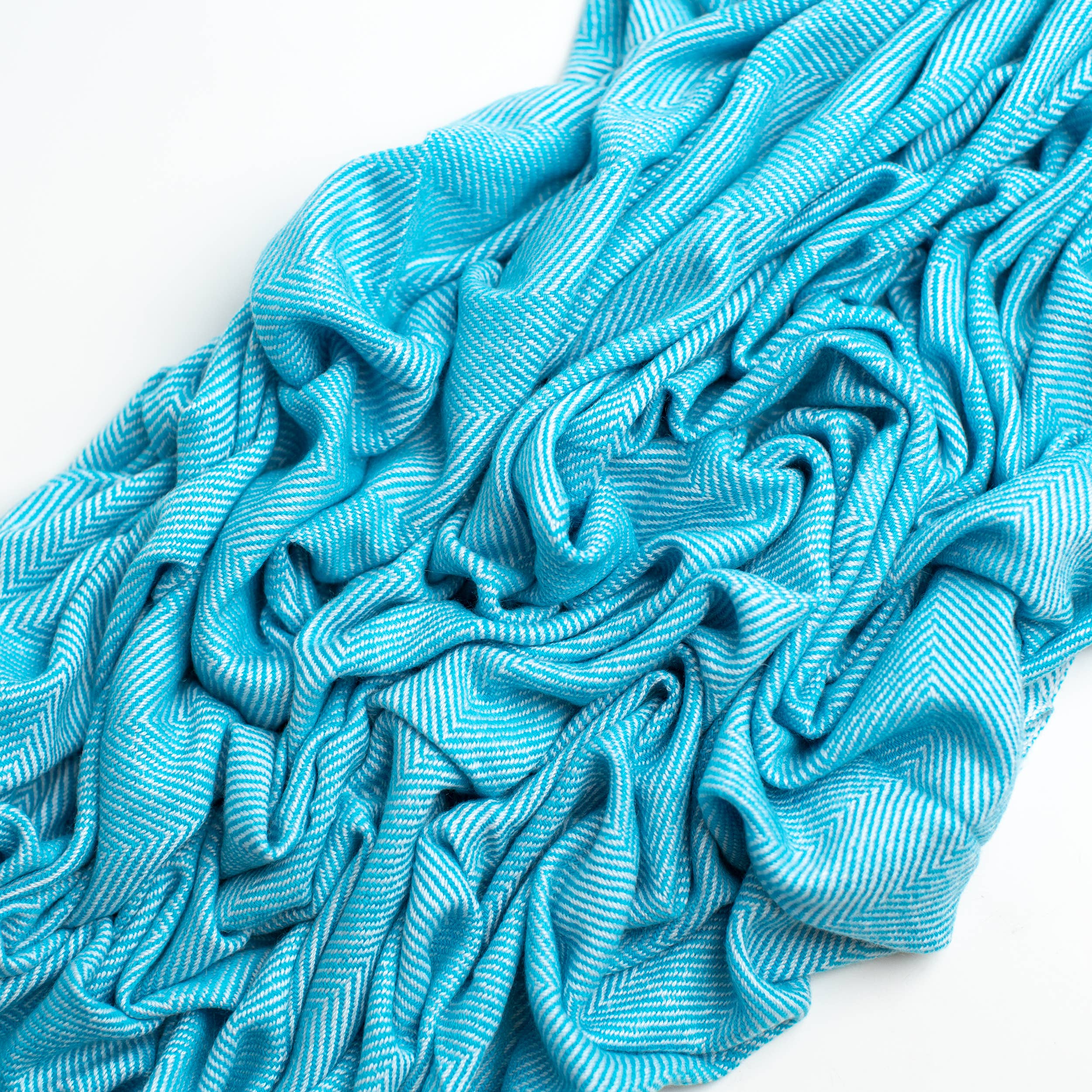 Art Himalayan Trading Reversible Cashmere Wool Throw Blanket / Herringbone Pattern / Sky Blue & White