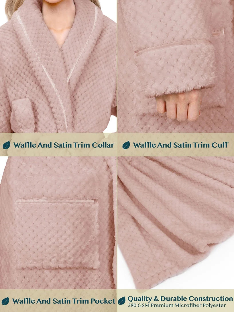 Pavilia Waffle Textured Satin Trim Fleece Women's Robe