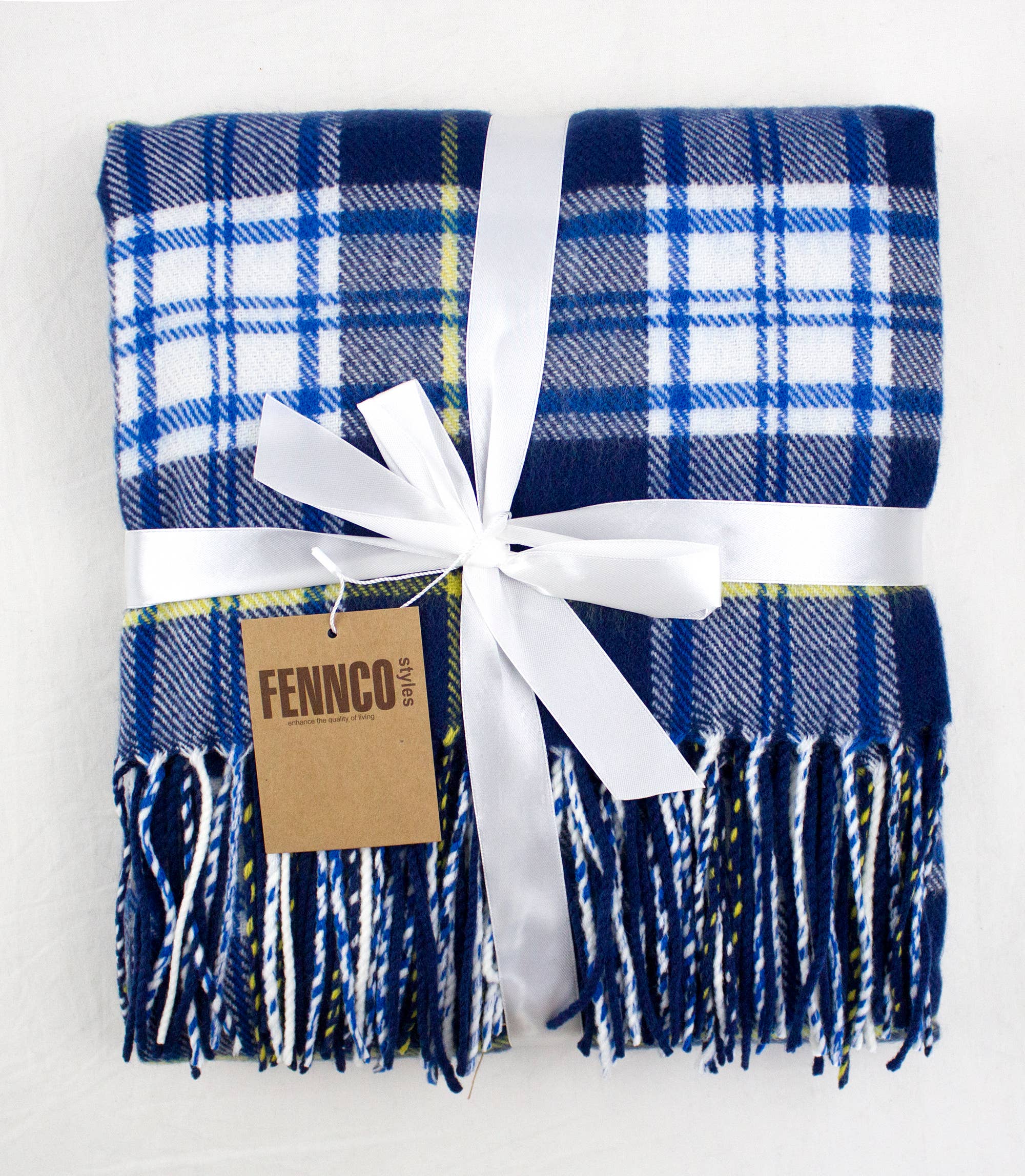 Fennco Styles Classic Plaid with Tassel Trim Throw Blanket / Blue & White Mix