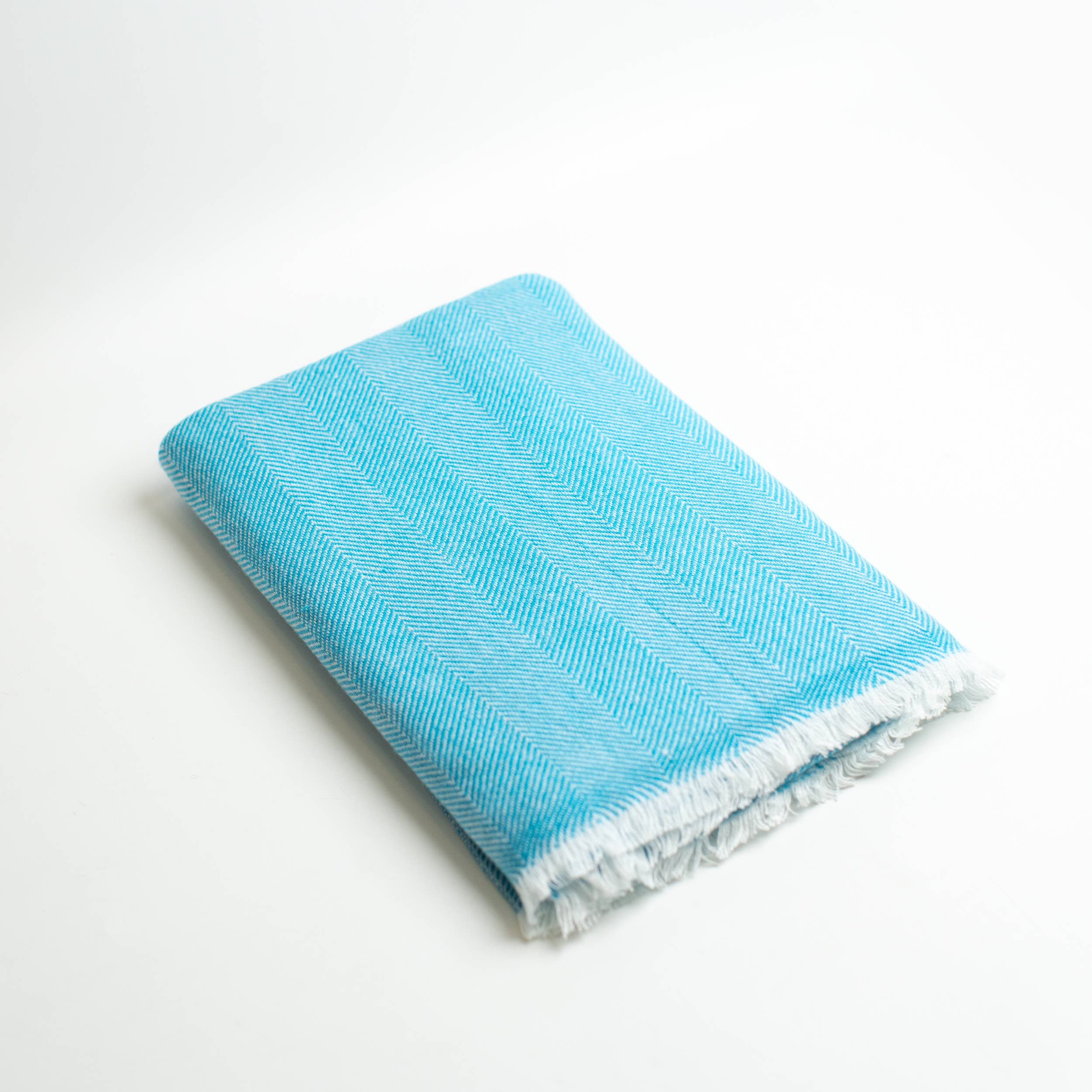 Art Himalayan Trading Reversible Cashmere Wool Throw Blanket / Herringbone Pattern / Sky Blue & White
