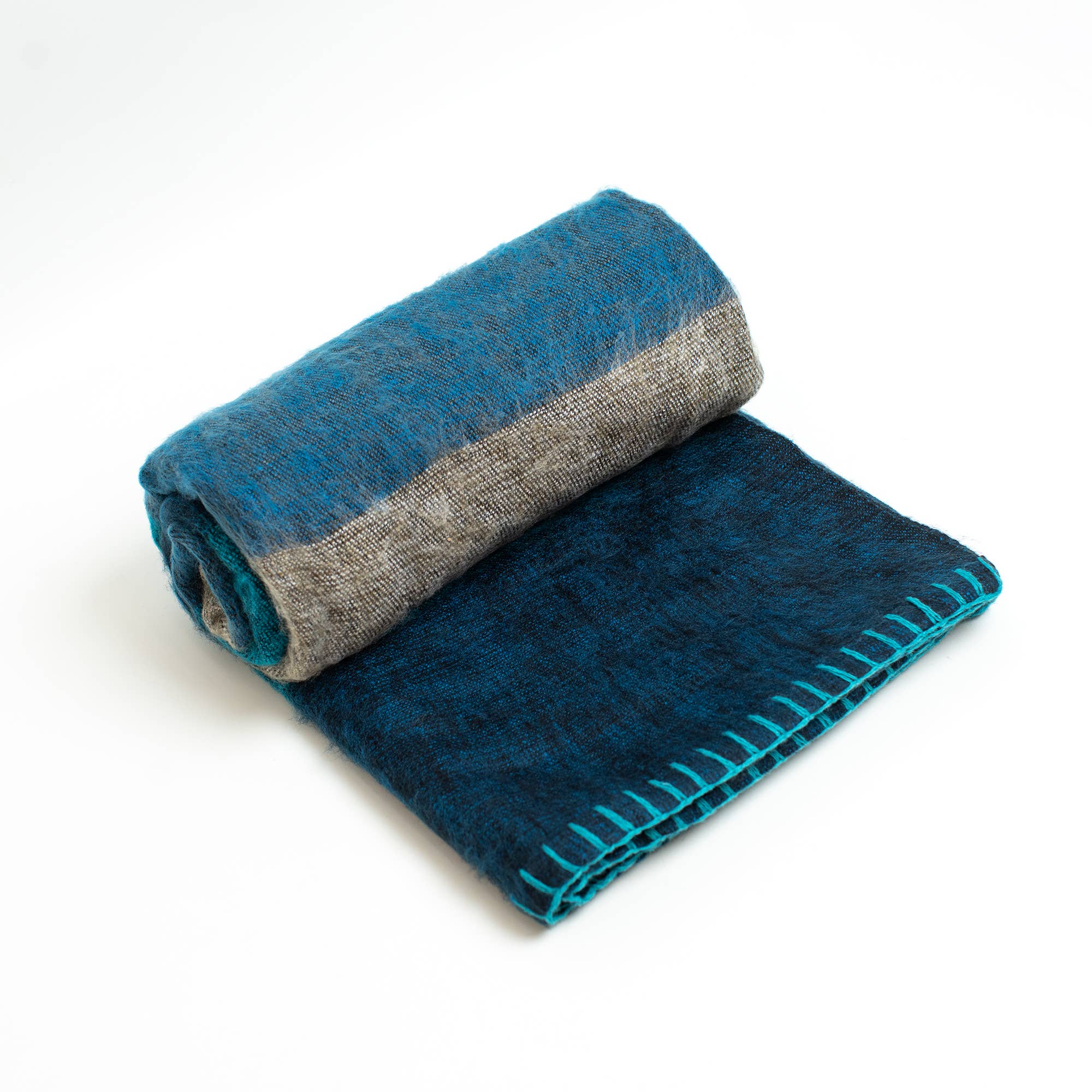Art Himalayan Trading Handmade Super Soft Yak Wool Throw Blanket / Dark Blue, Aqua, Gray