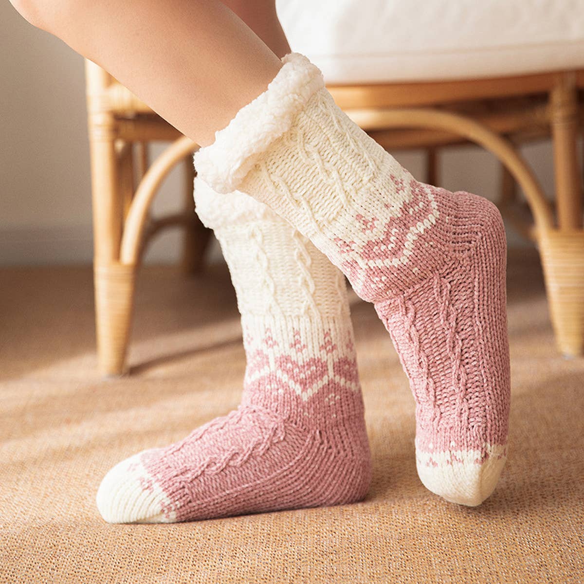 ACCITY Knit with Hearts Plush Sherpa Lined Slipper Socks
